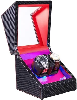 Power Supply 4 Rotation Modes Automatic hatchet Watch Winder with Led Illumination Double Watch Winder Box Carbon Fiber Leather Dual 