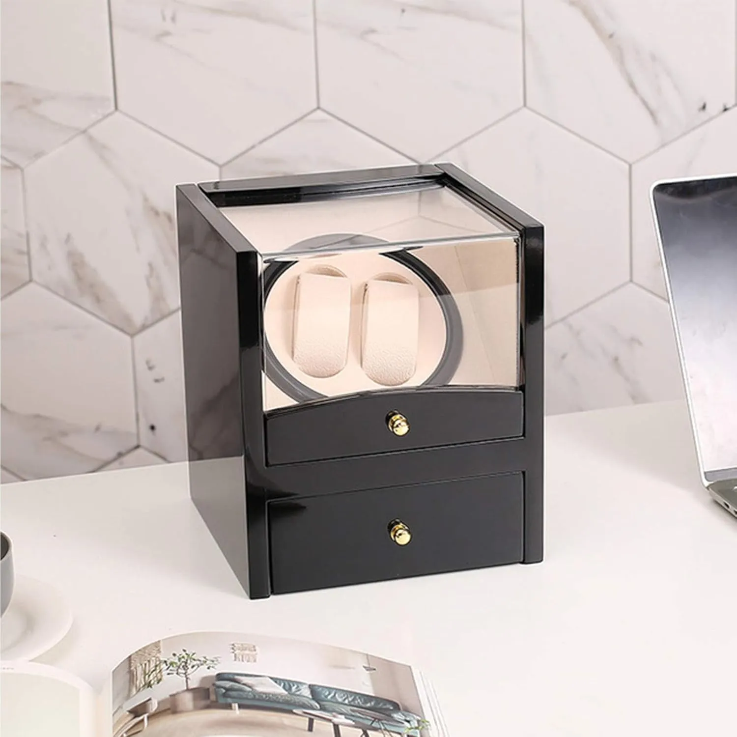 Power Supply Crocodile Pu Leather Design,Piano Paint Automatic Double Watch Winder Box Wooden devote Storage Case Quiet Motor Dual 