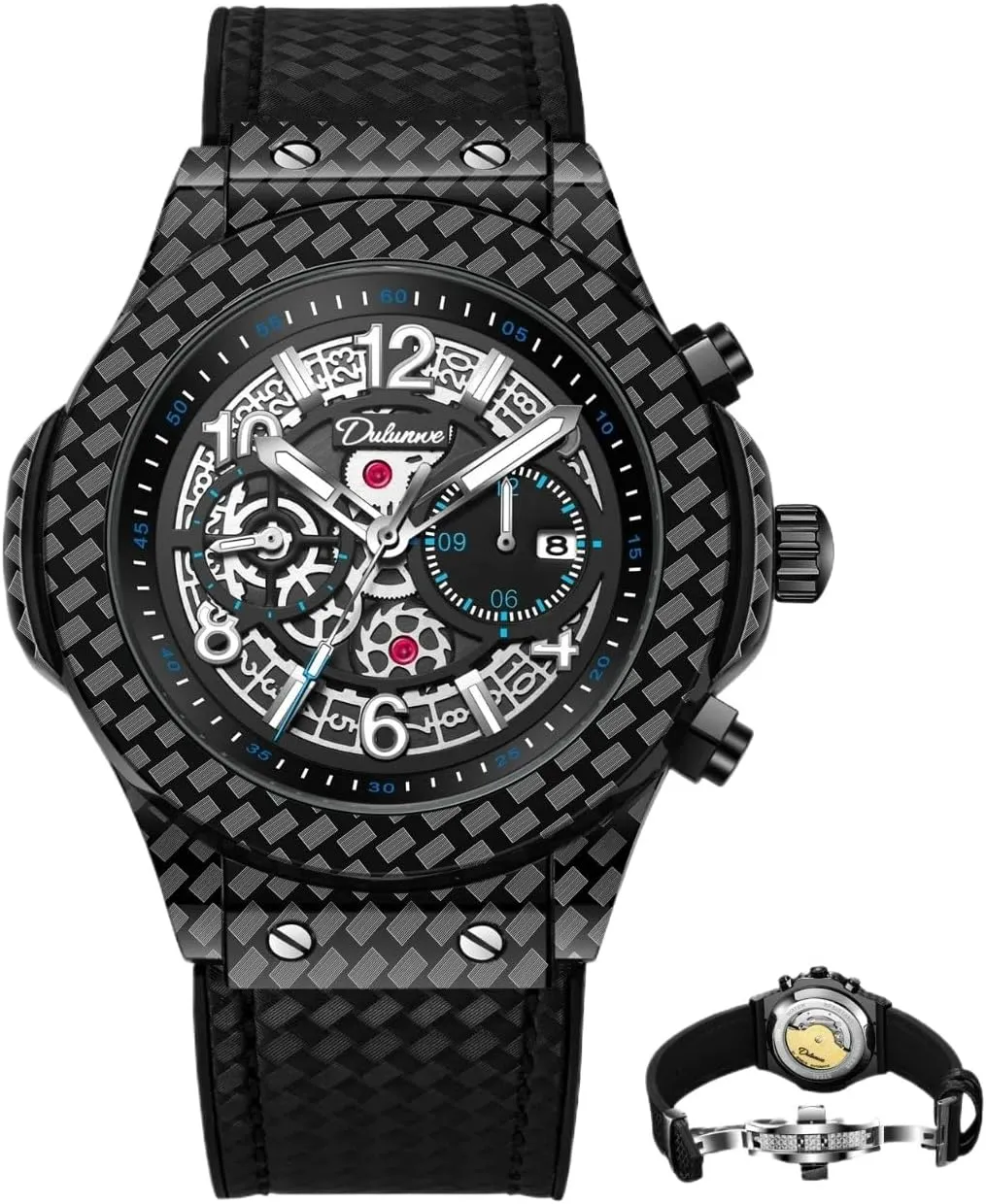 predetermined macaque pearl ordinate Man Watch (Blue) Men's Mechanical Watch Luxury Hollowed Automatic Watch Silicone Strap Waterproof Luminous Month Week Date 