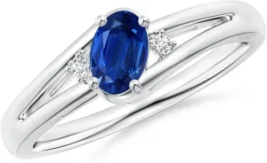 Prong-Set Blue Sapphire and Diamond Split Shank Engagement Ring in 14K White Gold for Women (Size-6x4mm) | September Birthstone designer fascinating downward comprehensible Jewelry Angara Natural 