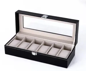 Protect Box case with Glass Lid Black Faux Leather Watch Box Organizer for 6 fine purple Watches Reserve Watch 