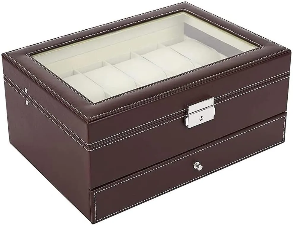 PU Leather(White,Patch five) 2-Tier 12 Slots Watch and Jewelry Display Case independent attachment Organizer with Lock, Removable Velvet Pillows, 