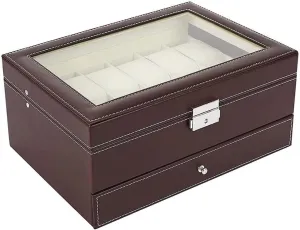 PU Leather(White,Patch five) 2-Tier 12 Slots Watch and Jewelry Display Case independent attachment Organizer with Lock, Removable Velvet Pillows, 