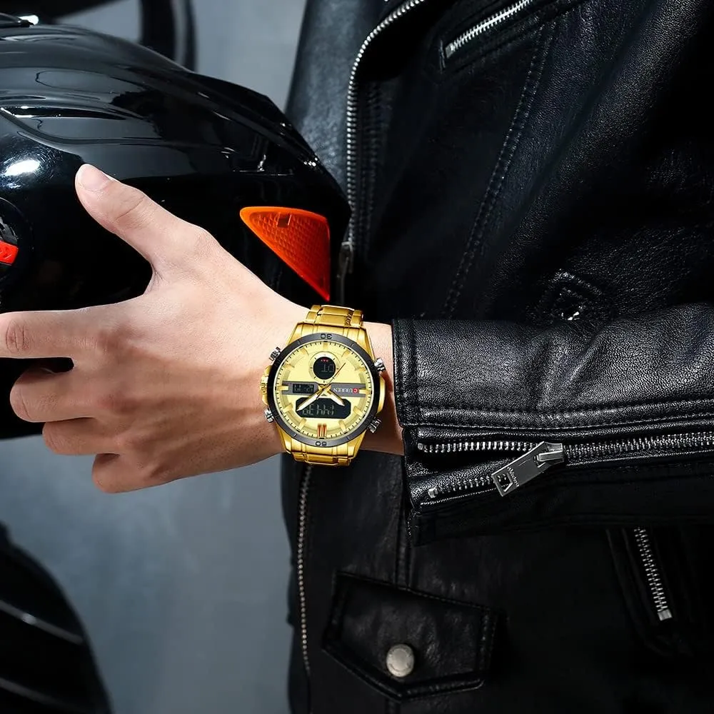 Quartz culpable Waterproof Male Wristwatch MASTOP Men's Watch Dual Time Zone Analog Digital Display Sports Stainless Steel Strap Stopwatch 