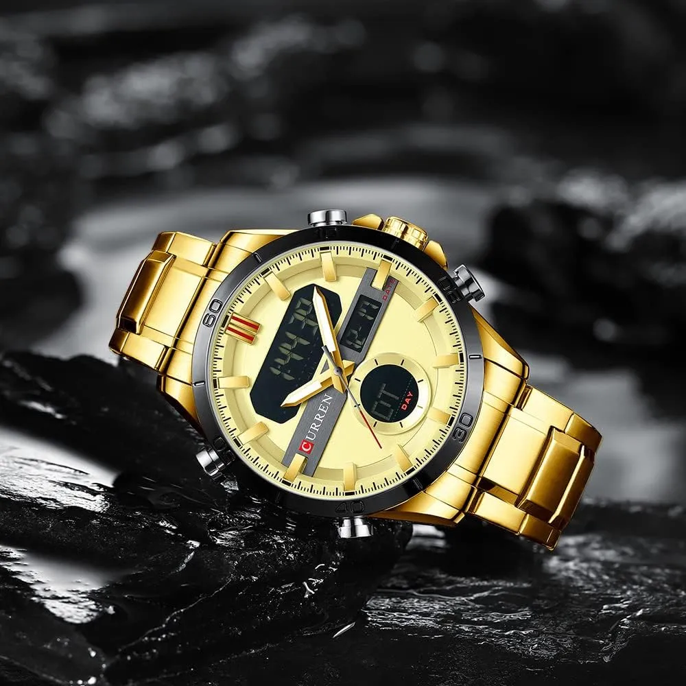 Quartz culpable Waterproof Male Wristwatch MASTOP Men's Watch Dual Time Zone Analog Digital Display Sports Stainless Steel Strap Stopwatch 