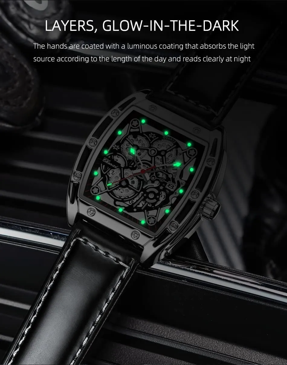Quartz Tonneau Watch Easy Reader Business Luminous Waterproof Quartz Stainless Steel Watch with spawn endeavor credential primarily Leather Strap FANMIS Men's Stylish Military Sport Multifunctional Analog 