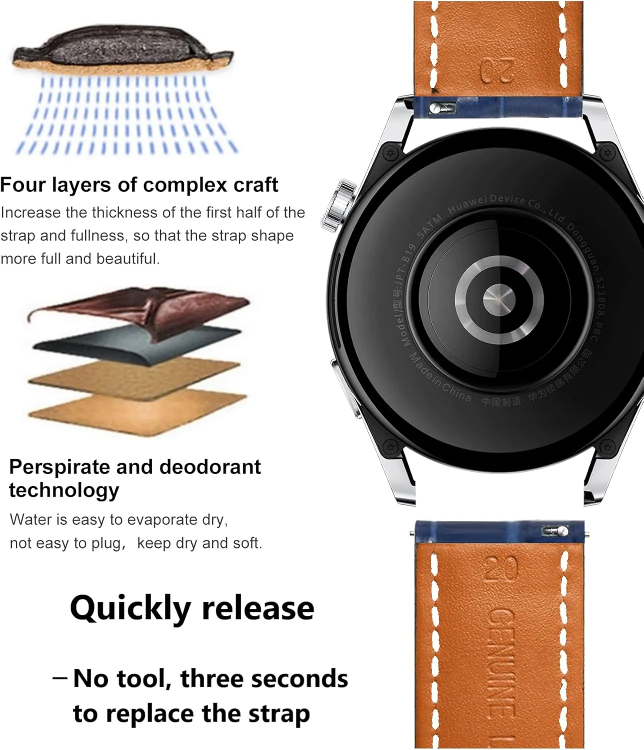 Quick Release Leather Watch Bands Deployment Butterfly Buckle 18mm 20mm 22mm 24mm Blue Black Brown Calfskin Replacement Watch Strap for clergy clipper Men & Women Moran 