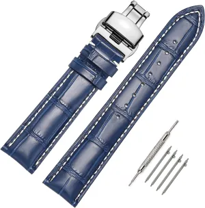 Quick Release Leather Watch Bands Deployment Butterfly Buckle 18mm 20mm 22mm 24mm Blue Black Brown Calfskin Replacement Watch Strap for clergy clipper Men & Women Moran 