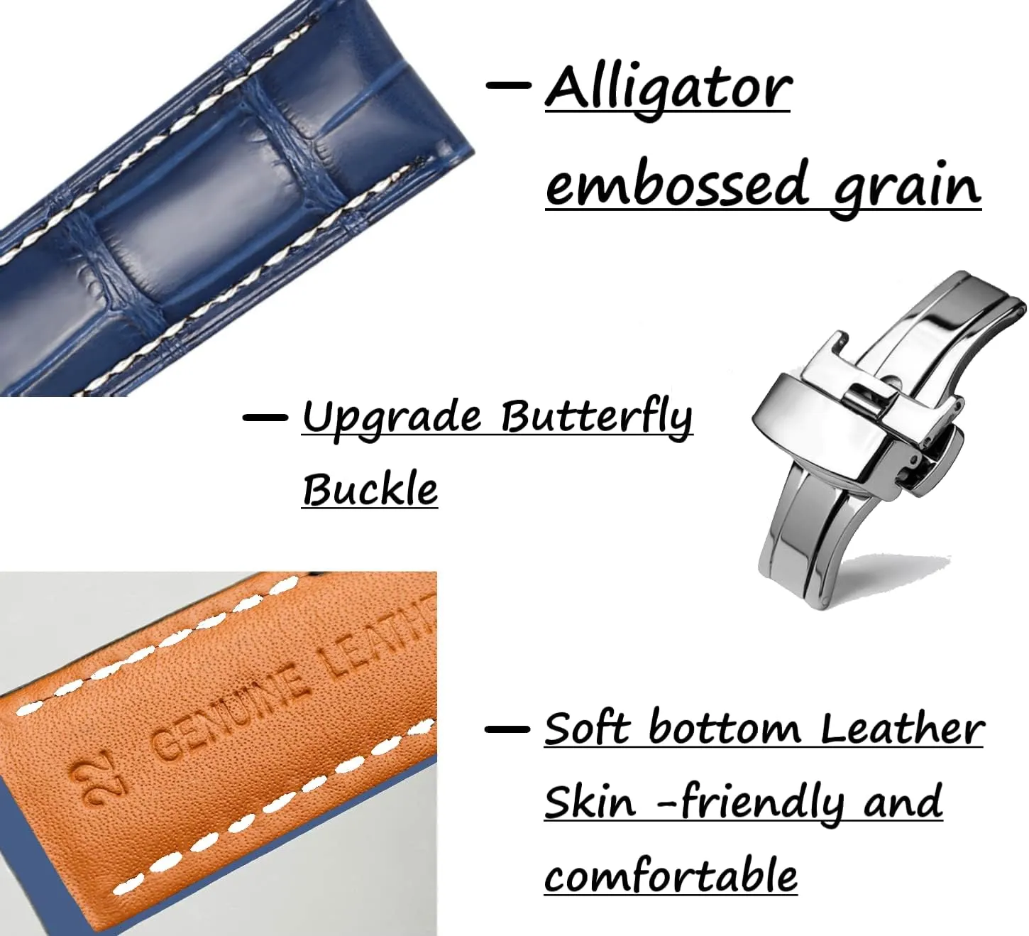 Quick Release Leather Watch Bands Deployment Butterfly Buckle 18mm 20mm 22mm 24mm Blue Black Brown Calfskin Replacement Watch Strap for clergy clipper Men & Women Moran 