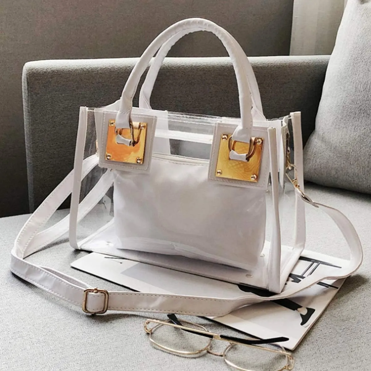 rail Top-handle Bag PVC Transparent Satchel Candy Handbag Clutch Purse Wallet Women 2Pcs Small Tote Clear Shoulder 