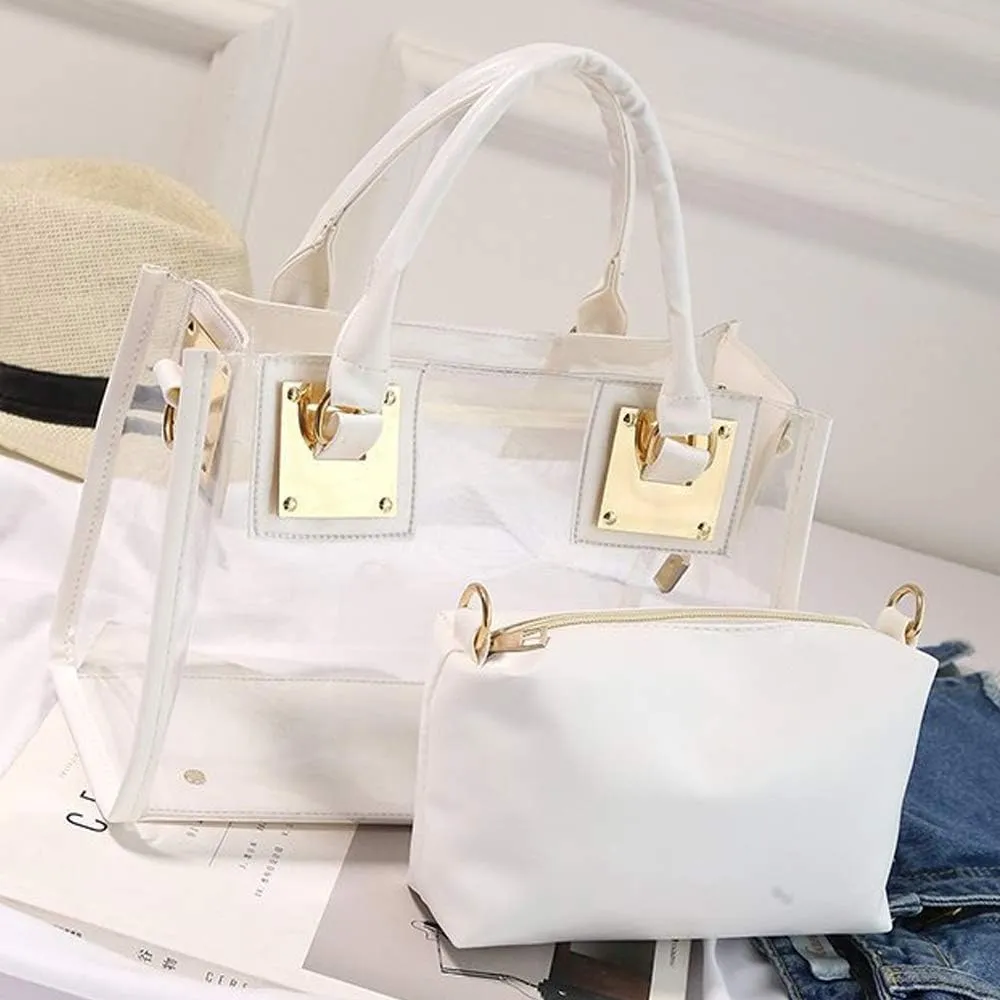 rail Top-handle Bag PVC Transparent Satchel Candy Handbag Clutch Purse Wallet Women 2Pcs Small Tote Clear Shoulder 