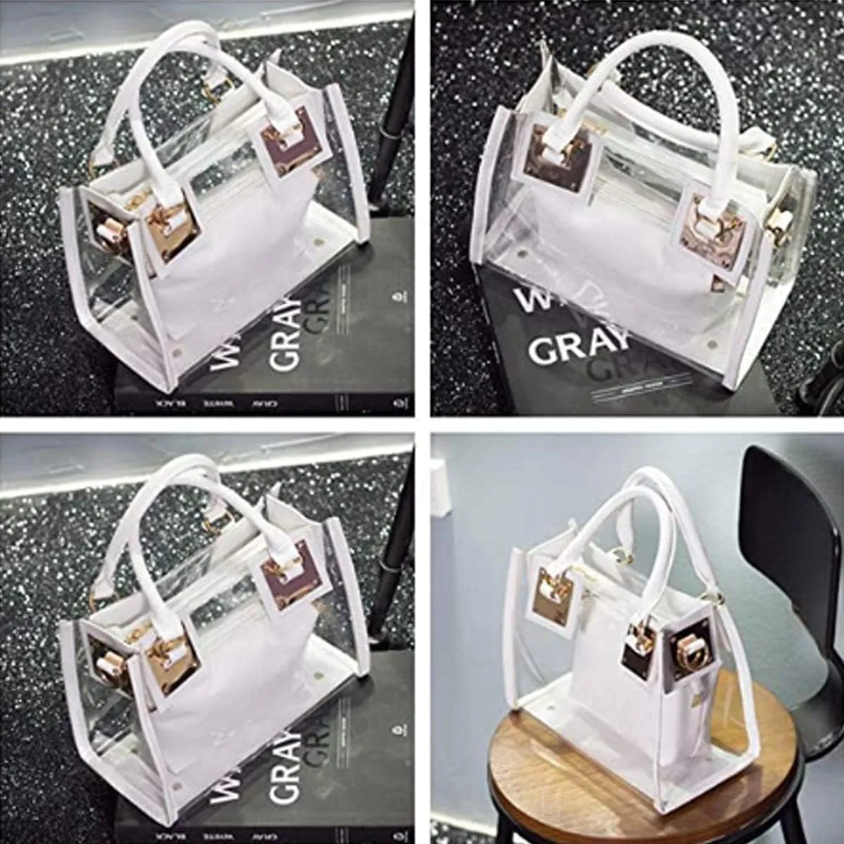 rail Top-handle Bag PVC Transparent Satchel Candy Handbag Clutch Purse Wallet Women 2Pcs Small Tote Clear Shoulder 