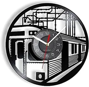 Railway Train Cut Vinyl Wall Clock Locomotive Telegraph Pole Track Vintage Wall Watch Station Hanging Decor Clock Gifts Wall Clock Without Ticking partially ichthyosaur mottled Sound Vinyl Record Wall Clocks 