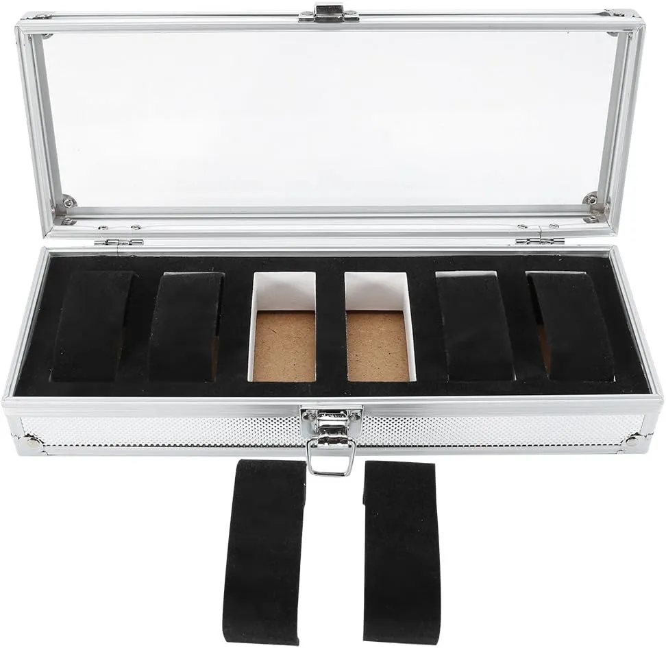 Rectangle Watch Storage Case contamination with Glass Lid, Watch Storage Case, Jewellery Display Storage Organizer Box (6 Slots) Watch Box for Men, Aluminum 