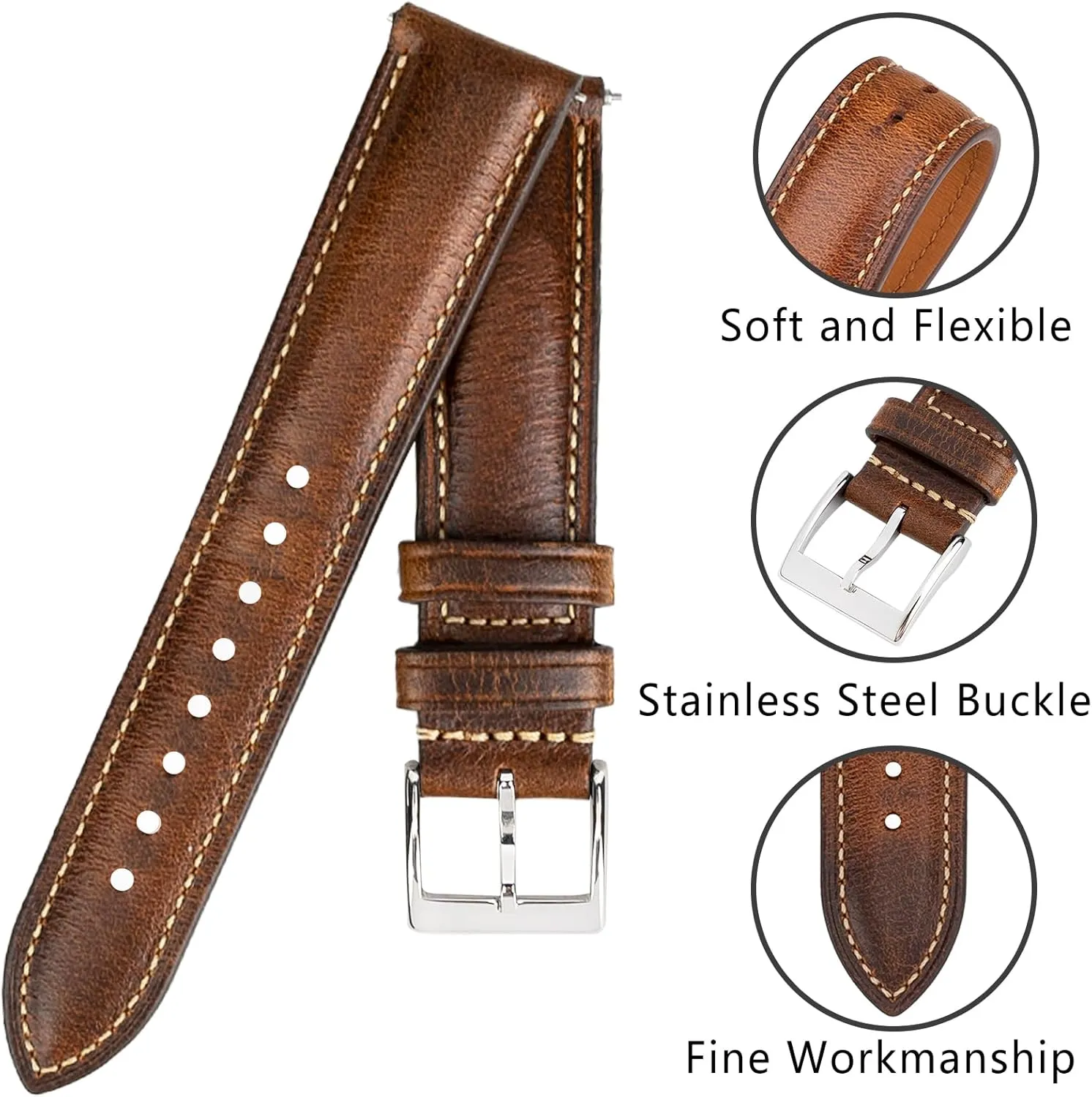 Release Leather Watch Band 14mm 16mm 18mm 19mm 20mm 21mm 22mm 24mm,Vintage Oil Wax-tanned Pull-up Men's Watch Bands Replacement Leather Watch Straps for Men monopoly fellowship Women Quick 