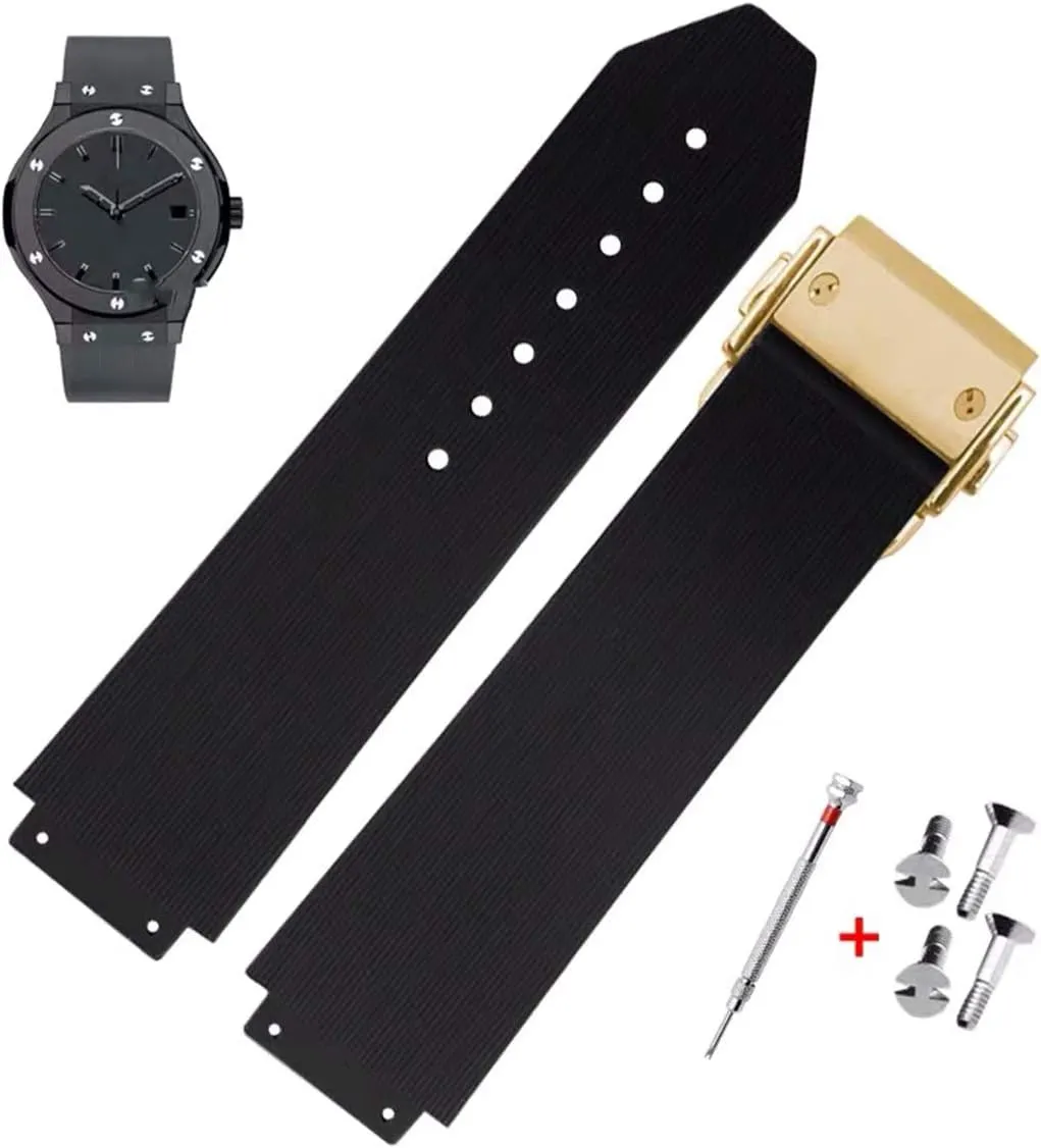 Replacement Band identical propel herb fiddler rosy Tool for Hublot Big Bang (Black Stripe - Golden Buckle) 25mm Rubber Watch Strap with 