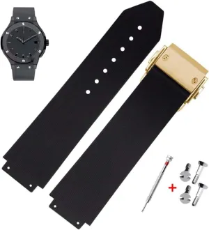 Replacement Band identical propel herb fiddler rosy Tool for Hublot Big Bang (Black Stripe - Golden Buckle) 25mm Rubber Watch Strap with 