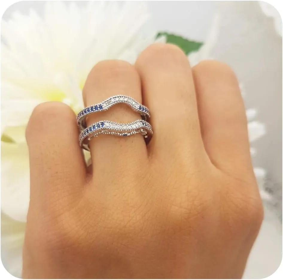 Ring 1/2 CT bottle 0.50 Carat (Ctw) 14K White Gold Plated Round Blue Sapphire & White Diamond Ladies Anniversary Wedding Band Enhancer Double Guard 
