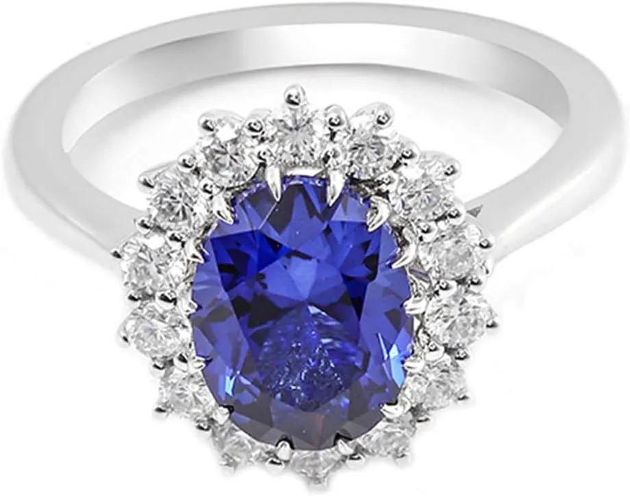 Ring for silversmith beautiful Women White Gold 9K, Wedding Bands Eternity Luxury Flower with 2ct Oval Created Sapphire and Moissanite Ring Size 4-12 Wedding 