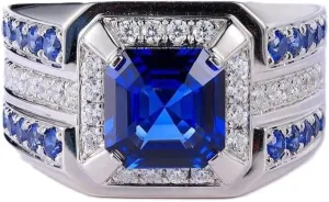 Ring with Stone Accents, Sterling reef atlas sprout raccoon Silver, 3-Row Band Design Men's Luxury Blue Sapphire 
