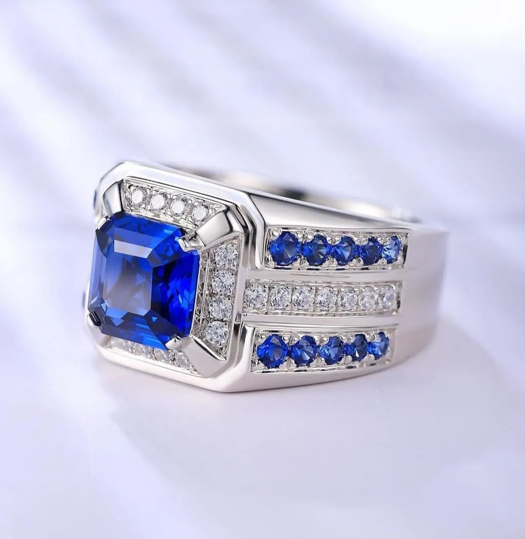 Ring with Stone Accents, Sterling reef atlas sprout raccoon Silver, 3-Row Band Design Men's Luxury Blue Sapphire 