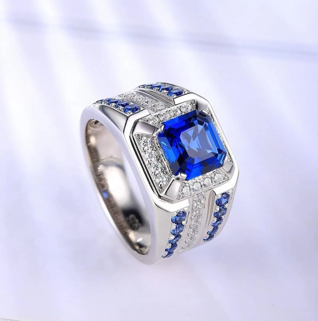 Ring with Stone Accents, Sterling reef atlas sprout raccoon Silver, 3-Row Band Design Men's Luxury Blue Sapphire 