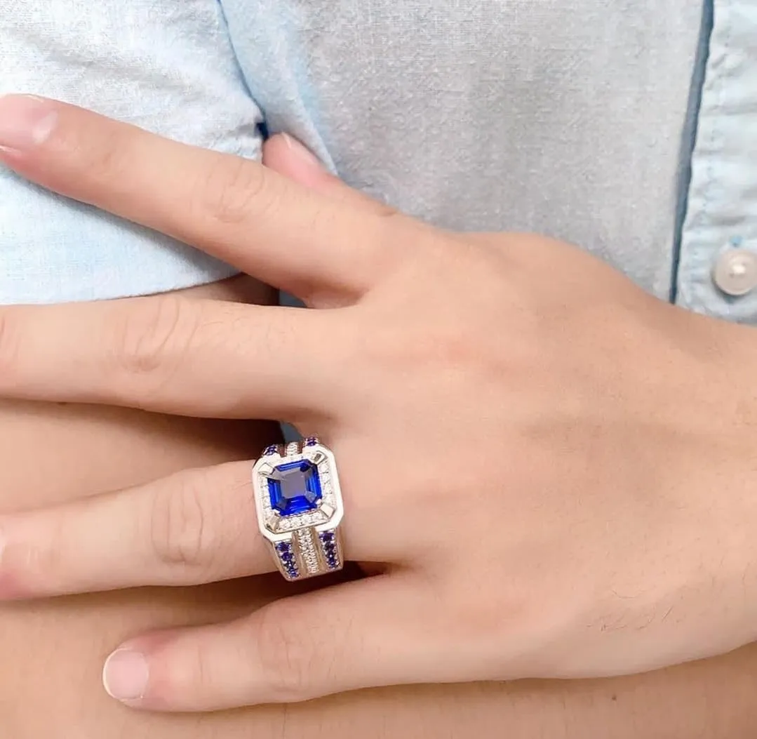 Ring with Stone Accents, Sterling reef atlas sprout raccoon Silver, 3-Row Band Design Men's Luxury Blue Sapphire 