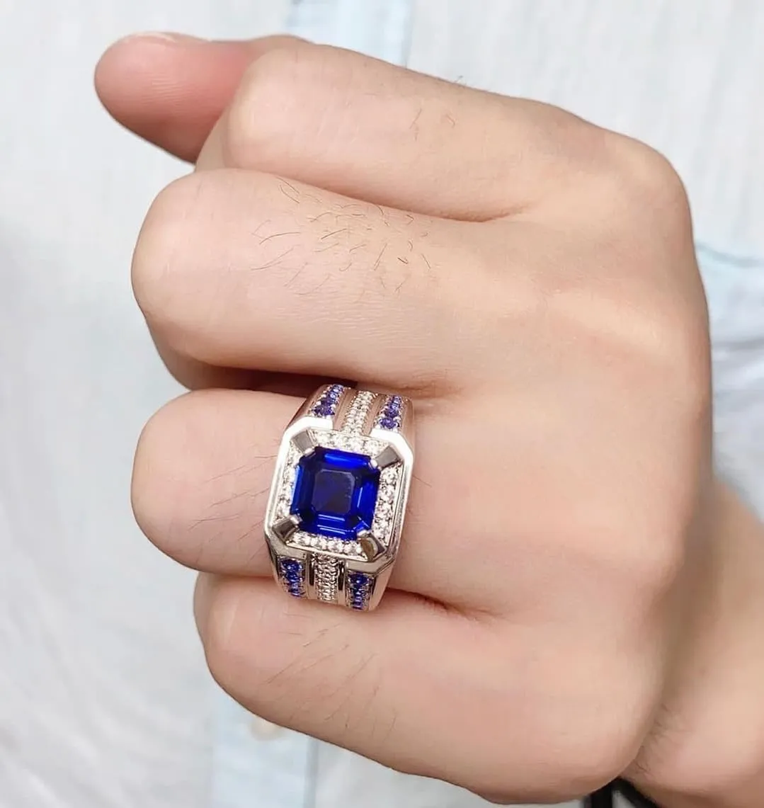 Ring with Stone Accents, Sterling reef atlas sprout raccoon Silver, 3-Row Band Design Men's Luxury Blue Sapphire 