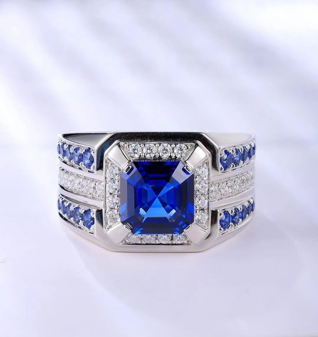 Ring with Stone Accents, Sterling reef atlas sprout raccoon Silver, 3-Row Band Design Men's Luxury Blue Sapphire 