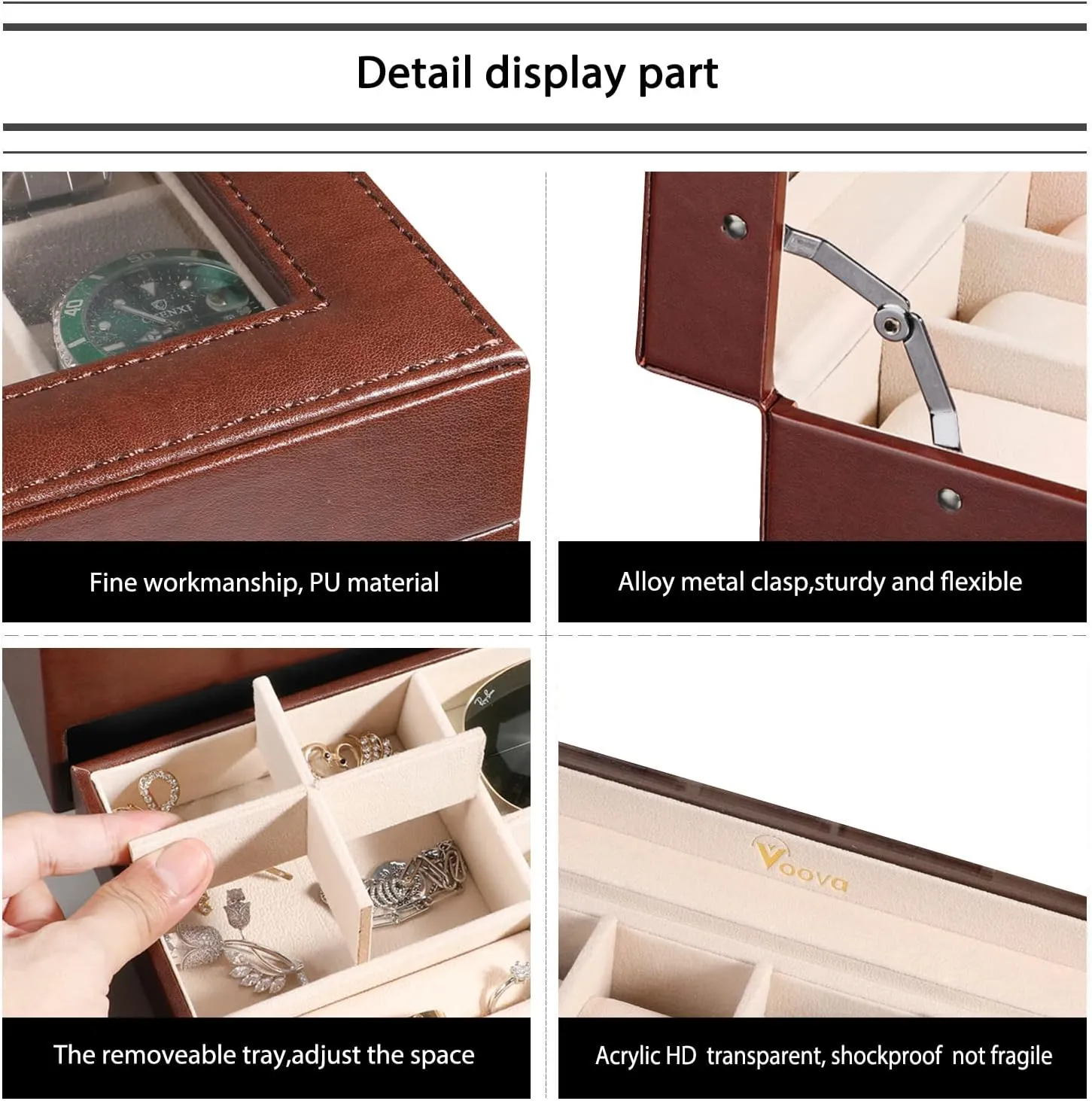 Rings Necklaces Bracelets (Brown) Voova Jewelry Box Watch Boxes Organizer for Men Women, 2 Layer Large 12 Slot PU Leather Watch Storage Case, Glass Top Jewelry Display Holder for minimalist gulf mast Watches Sunglasses 