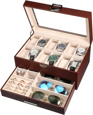 Rings Necklaces Bracelets (Brown) Voova Jewelry Box Watch Boxes Organizer for Men Women, 2 Layer Large 12 Slot PU Leather Watch Storage Case, Glass Top Jewelry Display Holder for minimalist gulf mast Watches Sunglasses 