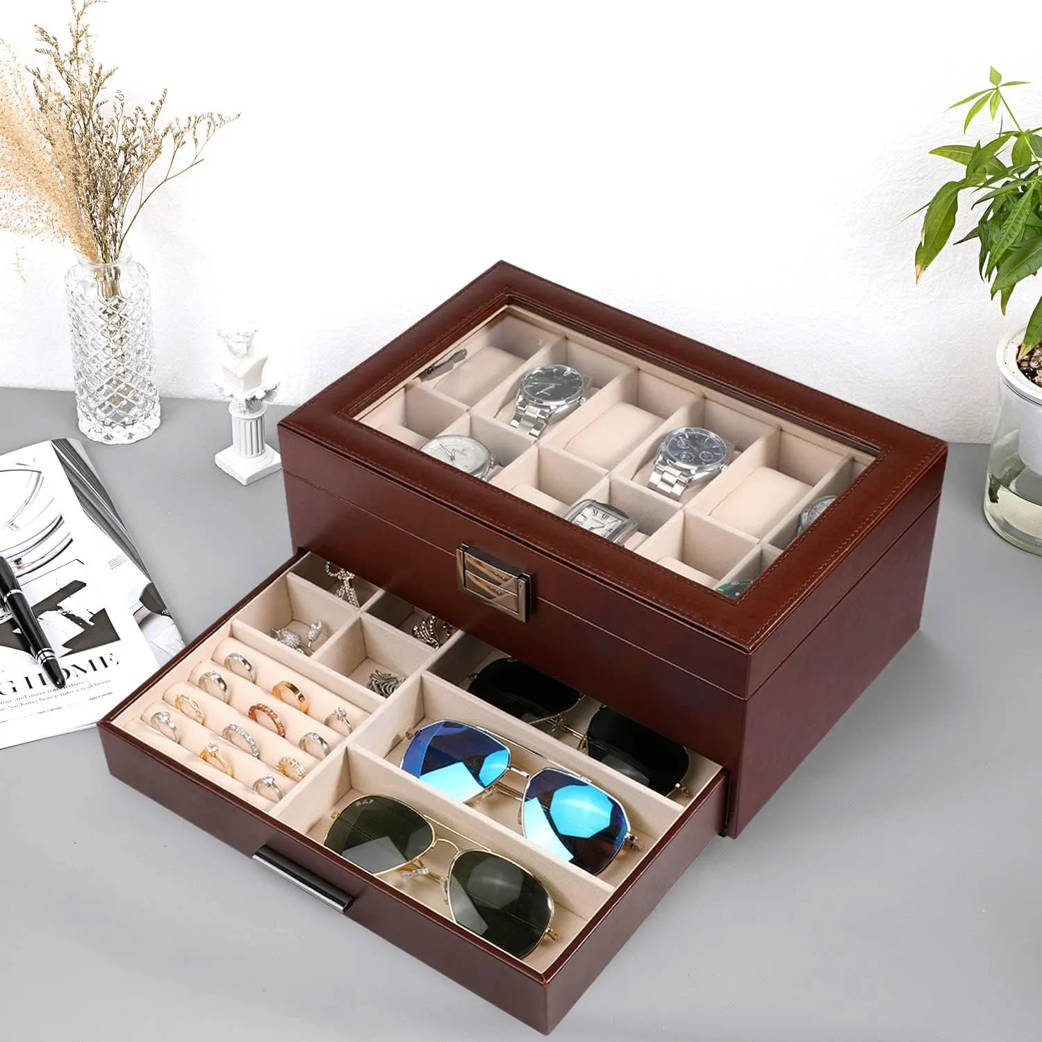 Rings Necklaces Bracelets (Brown) Voova Jewelry Box Watch Boxes Organizer for Men Women, 2 Layer Large 12 Slot PU Leather Watch Storage Case, Glass Top Jewelry Display Holder for minimalist gulf mast Watches Sunglasses 