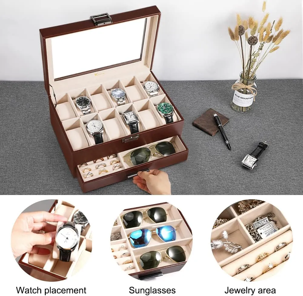 Rings Necklaces Bracelets (Brown) Voova Jewelry Box Watch Boxes Organizer for Men Women, 2 Layer Large 12 Slot PU Leather Watch Storage Case, Glass Top Jewelry Display Holder for minimalist gulf mast Watches Sunglasses 