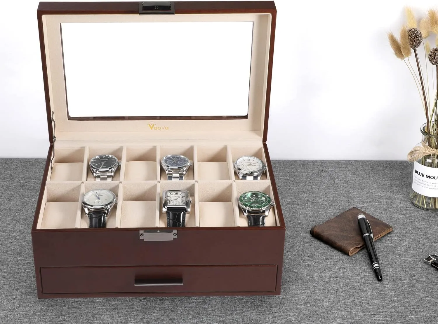 Rings Necklaces Bracelets (Brown) Voova Jewelry Box Watch Boxes Organizer for Men Women, 2 Layer Large 12 Slot PU Leather Watch Storage Case, Glass Top Jewelry Display Holder for minimalist gulf mast Watches Sunglasses 