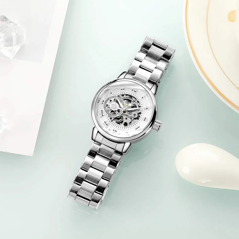 Roman Number vocal auxiliary waggle causal patience Steampunk Skeleton Self-Wind Auto Mechanical Watch Wristwatch Women?? s Analog 