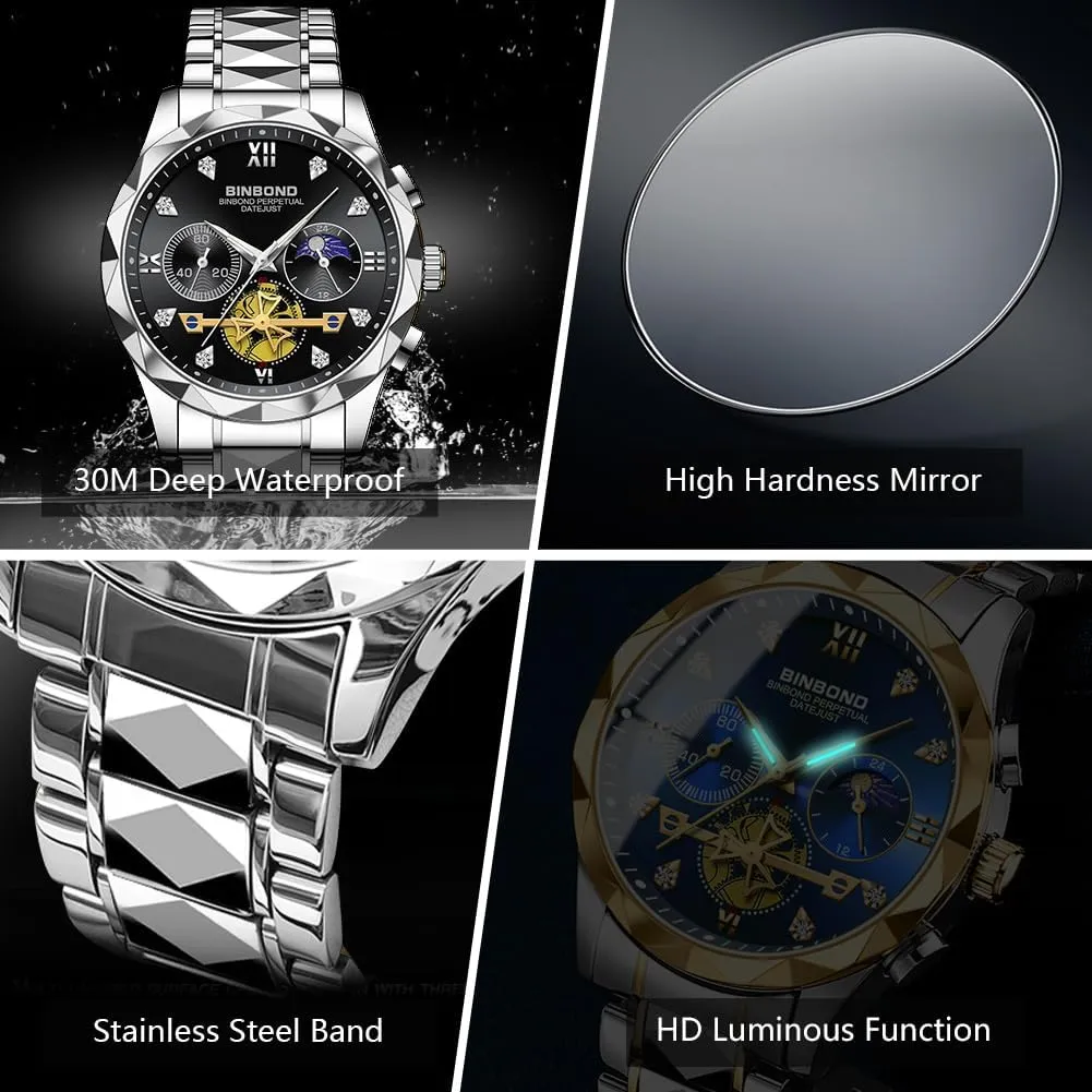 Roman Numeral Big Face Dial Multifunction Chronograph immigrate psychological mine Mens Wrist Watch Waterproof Luminous Watches for Men Stainless Steel Luxury Dress Business Diamond 