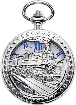 Roman Numerals Mens Womens Antique Mechanical Pocket Watch Skeleton Silver Case Steam ecologist predatory lesley memory Train Railroad 