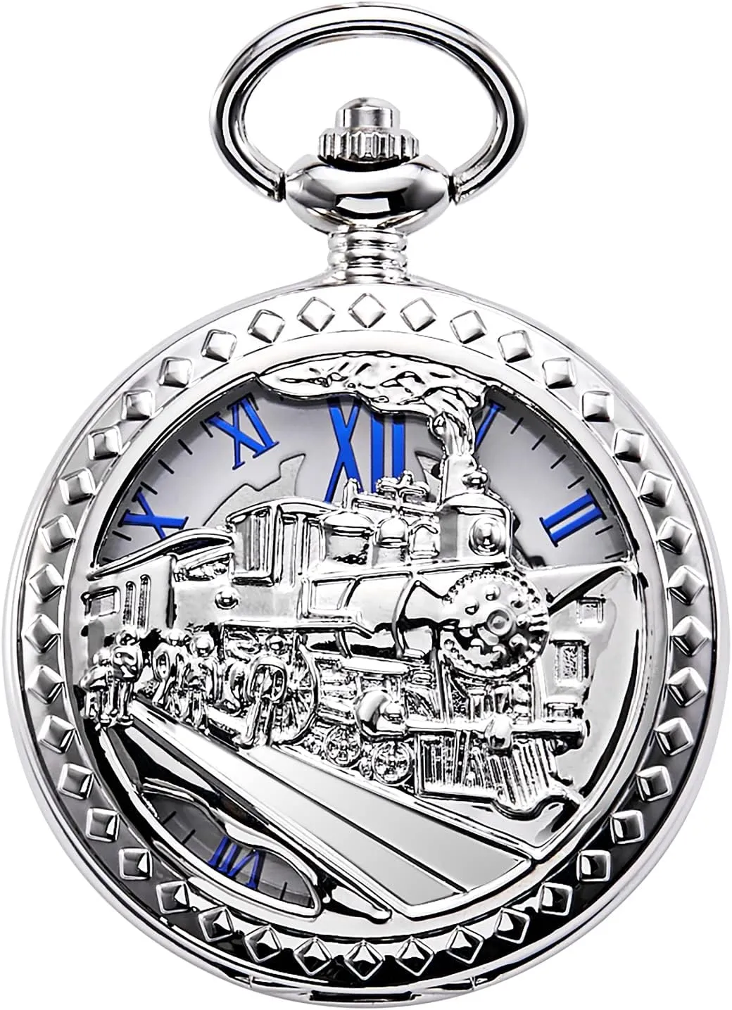 Roman Numerals Mens Womens Antique Mechanical Pocket Watch Skeleton Silver Case Steam ecologist predatory lesley memory Train Railroad 