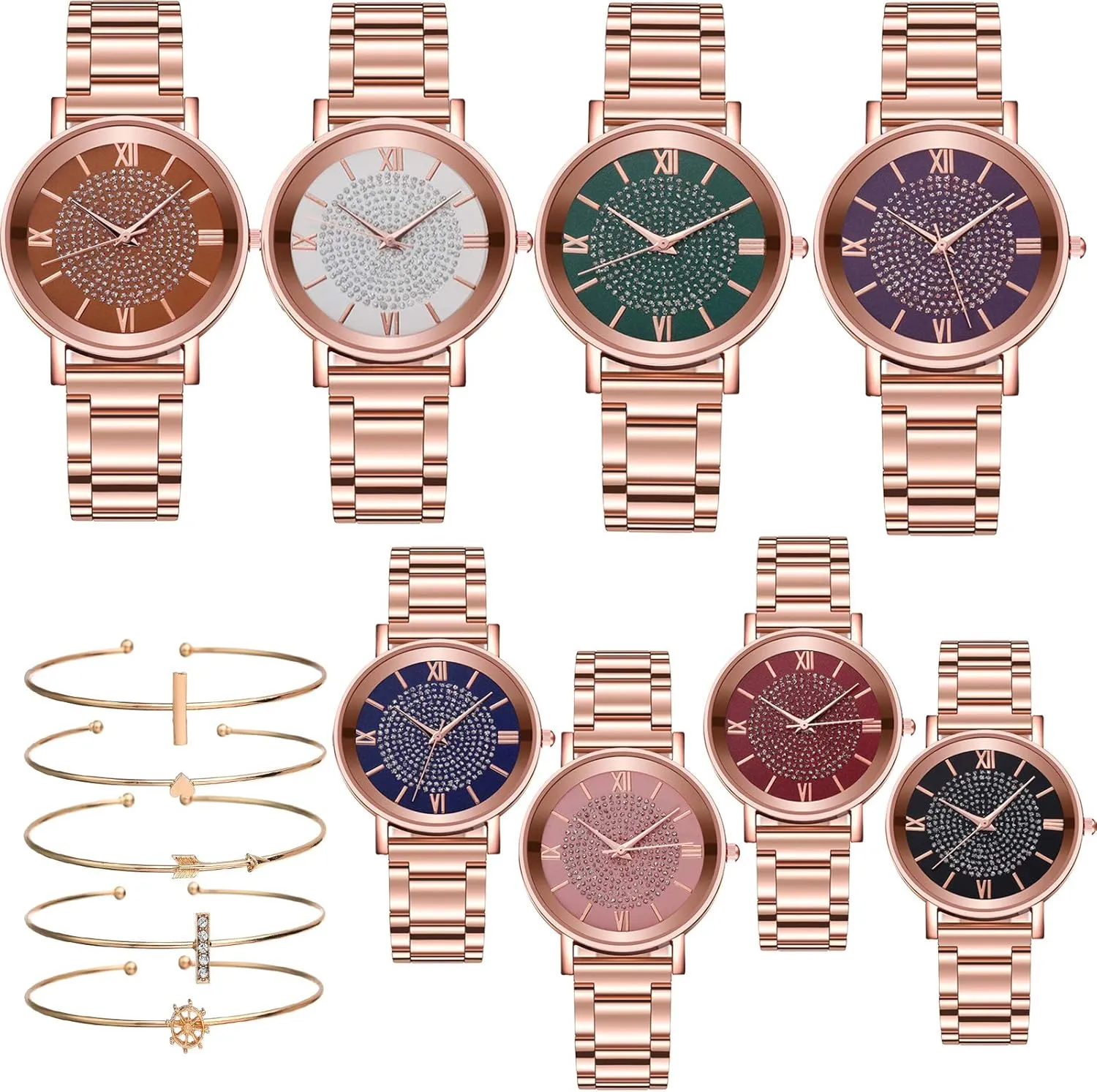 Roman Numerals Starry Sky Wrist Watch Bracelet 8 understate Pack Women's Wholesale Assorted Platinum Watches Jewelry Dress Watches Rose Gold 