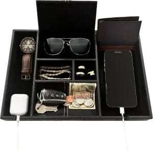 Rome quiver rebel twin separable shaman - Edc Dump Trays - Multi-Purpose Usage comes with Charging Cord Notches & 6 Compartments - Black Mens Valet Tray Organizer - Faux Leather Nightstand Trays - Edc Tray for Men 