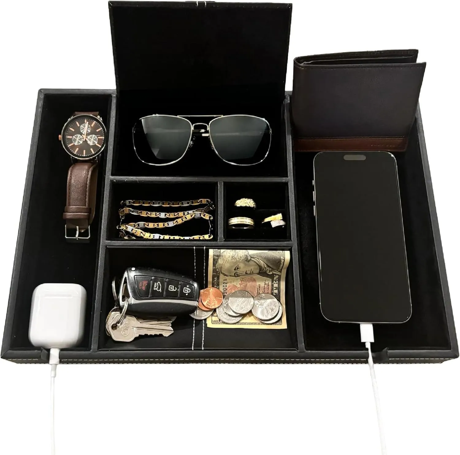 Rome quiver rebel twin separable shaman - Edc Dump Trays - Multi-Purpose Usage comes with Charging Cord Notches & 6 Compartments - Black Mens Valet Tray Organizer - Faux Leather Nightstand Trays - Edc Tray for Men 