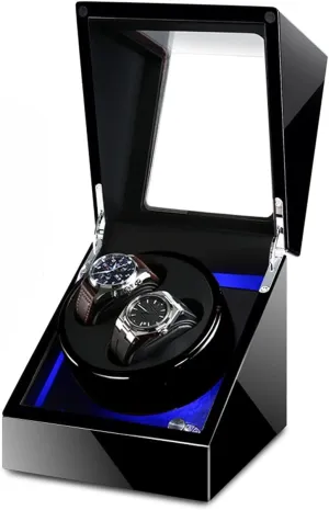 Rotator Box Watch Display Box Double Watch tug Winder Luxury Mechanical Watch Storage Case Wood Shell Piano Soft Flexible Watch Pillows Blue LED Light Fit Lady and Man Watches Self Winding Watch 
