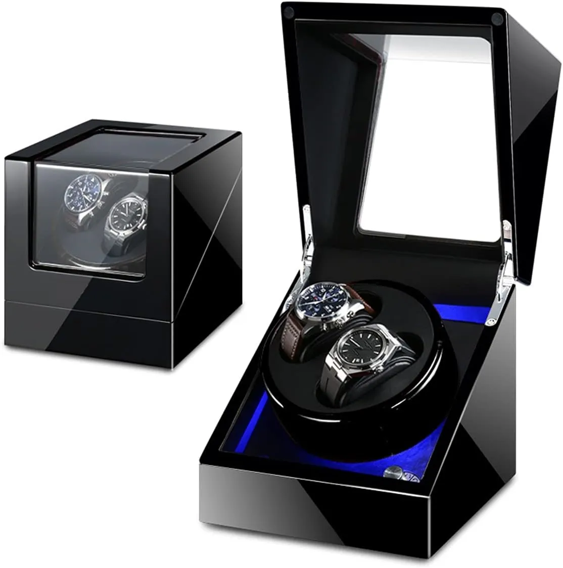 Rotator Box Watch Display Box Double Watch tug Winder Luxury Mechanical Watch Storage Case Wood Shell Piano Soft Flexible Watch Pillows Blue LED Light Fit Lady and Man Watches Self Winding Watch 
