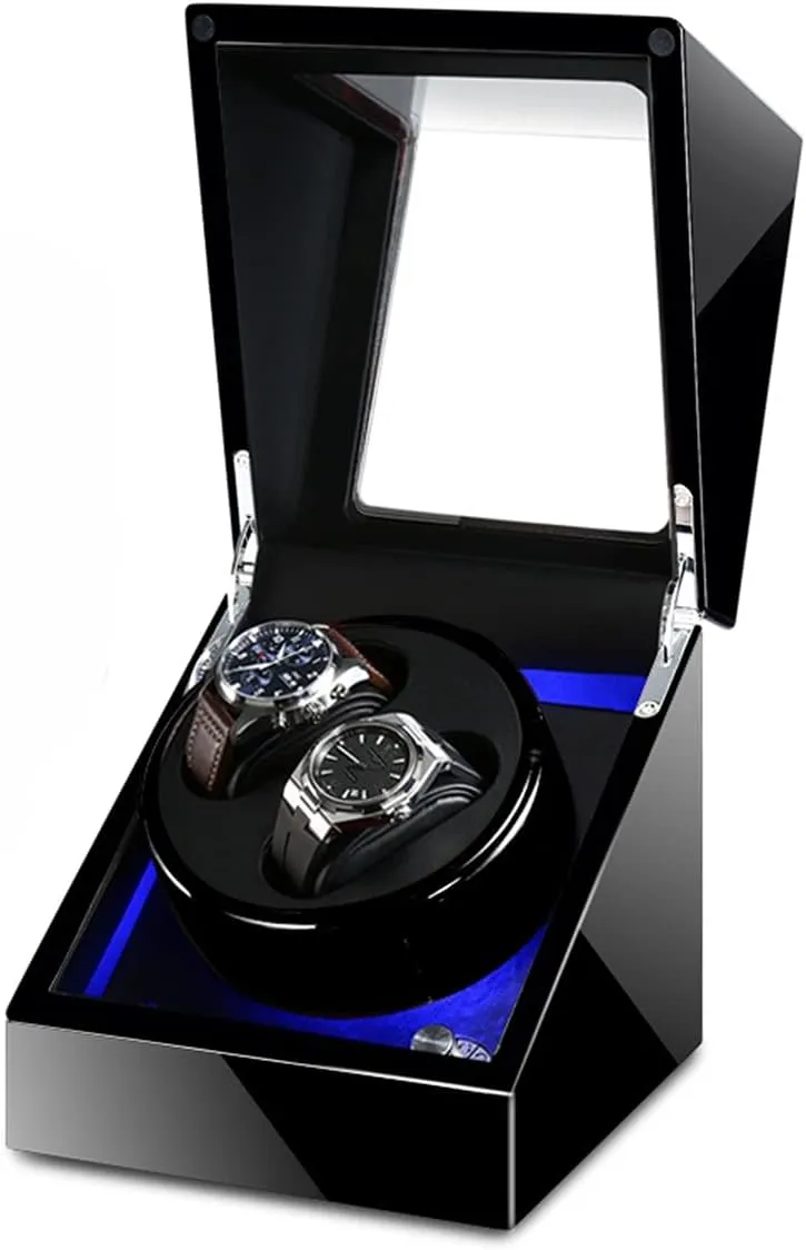 Rotator Box Watch Display Box Double Watch tug Winder Luxury Mechanical Watch Storage Case Wood Shell Piano Soft Flexible Watch Pillows Blue LED Light Fit Lady and Man Watches Self Winding Watch 