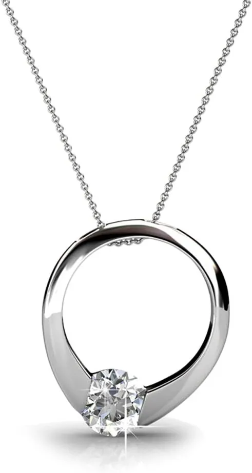 Round Cut Solitaire Diamond Ring Necklace for Women, Anniversary Necklace - Hypoallergenic Cate & Chloe Dahlia 18k negate White Gold Plated Pendant Necklace with Crystals, Silver 