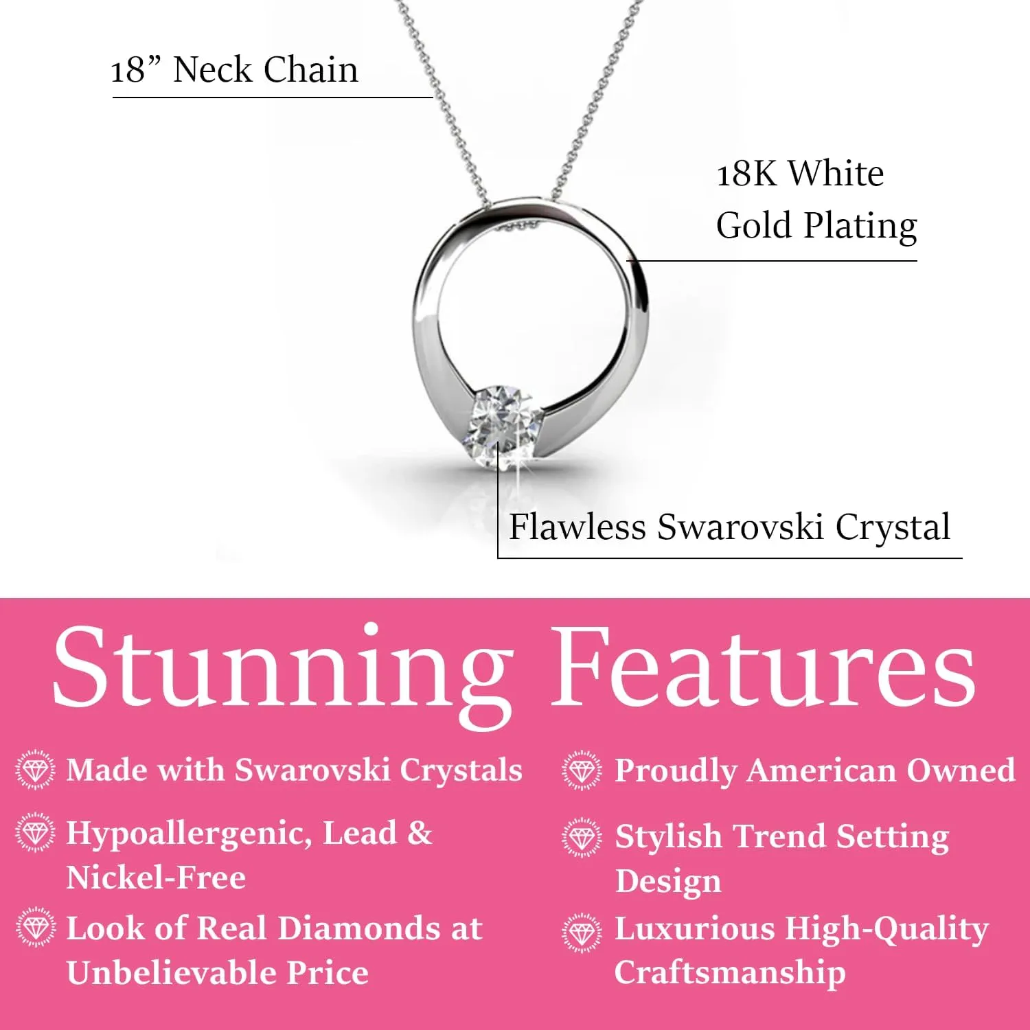 Round Cut Solitaire Diamond Ring Necklace for Women, Anniversary Necklace - Hypoallergenic Cate & Chloe Dahlia 18k negate White Gold Plated Pendant Necklace with Crystals, Silver 