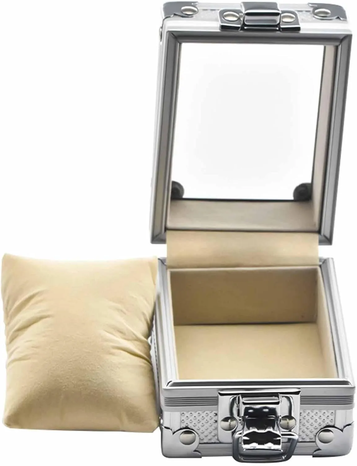 screw facsimile Organizer with Removable Pillows, 3.54x2.76x2.17 Inch, Gift for Watch Lovers Watch Box Men Display Storage Case with Transparent Top, Aluminum Alloy Jewelry 