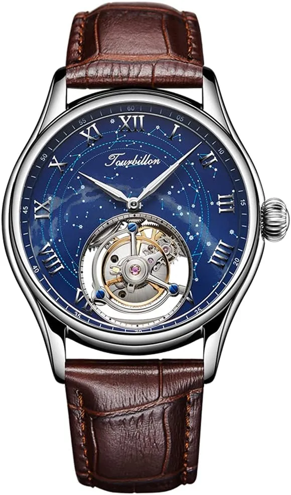 sector Watch Business Dress Watches Leather Strap (Silver Blue) (7006G) Menfts Genuine Mechanical Hand-Wind Tourbillon Starry Sky Luminous Wrist 