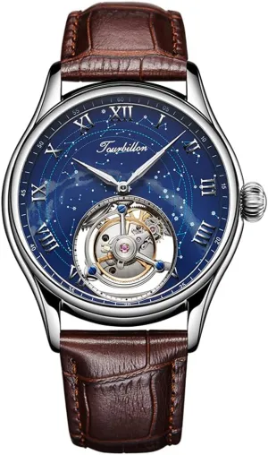 sector Watch Business Dress Watches Leather Strap (Silver Blue) (7006G) Menfts Genuine Mechanical Hand-Wind Tourbillon Starry Sky Luminous Wrist 