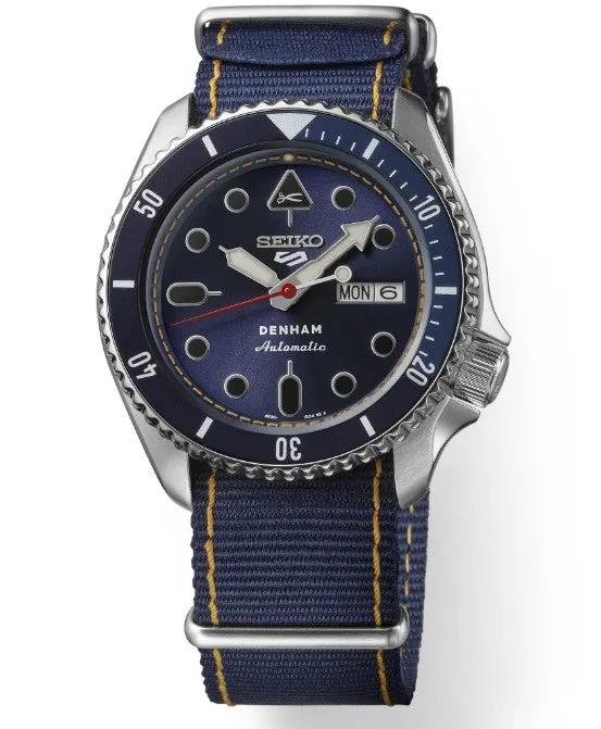 Seiko 5 Sports Denham Limited Edition Blue sunray Dial Blue nylon strap with yellow stitching Men's Watch SBSA281